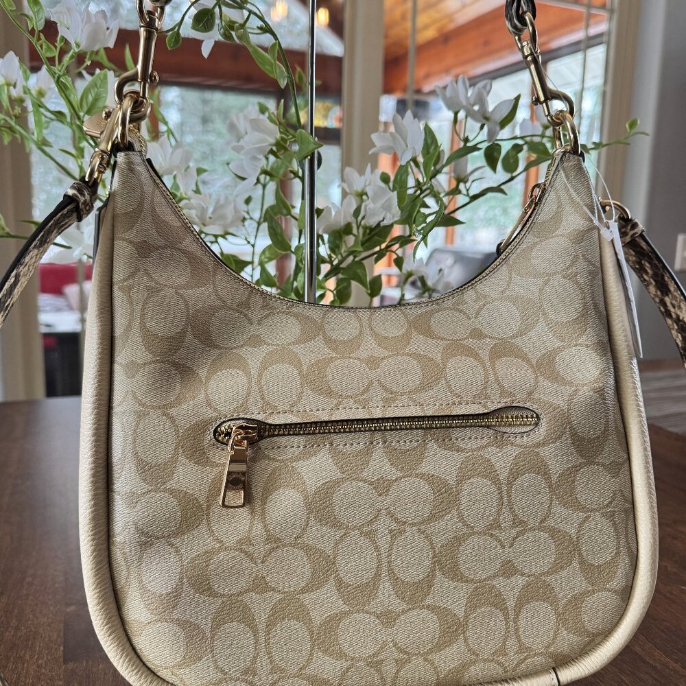 COACH Jules Hobo Pebble & Snake-Embossed Leather Bag Light Khaki/Ivory C9191 - Picture 3 of 9
